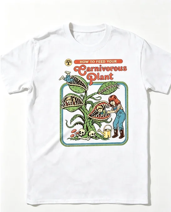 2026 Unisex Retro How To Feed Your Carnivorous Plant Tshirt Vintage Cartoon Horror Print Short Sleeve T Shirt Men Casual