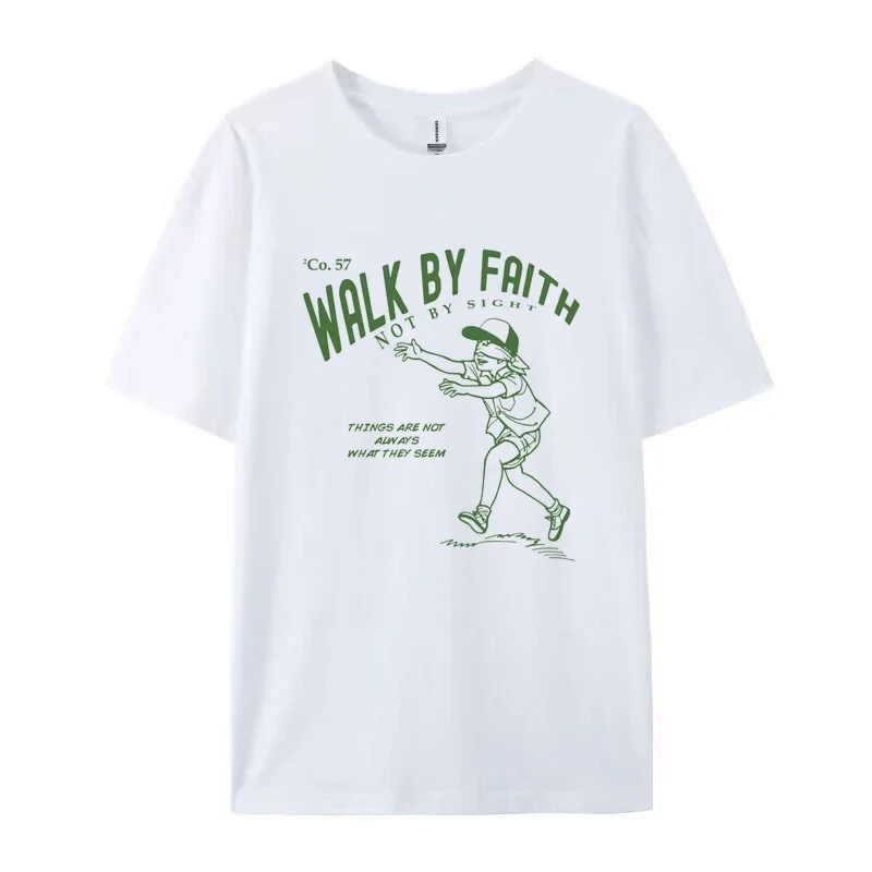 Walk by Faith Bibelvers Streetwear Graphic Tees Loose Vintage Religiöses T-Shirt Jesus Faith Shirt Damen Herren Christliche Bekleidung