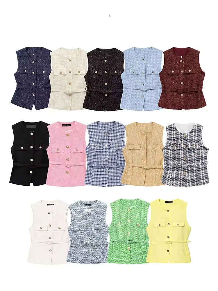 HH 2025 Woman Button Pockets Decoration Casual Slim Waistcoat Top Women Chic O-Neck Sleeveless Texture Vest Top Mujer