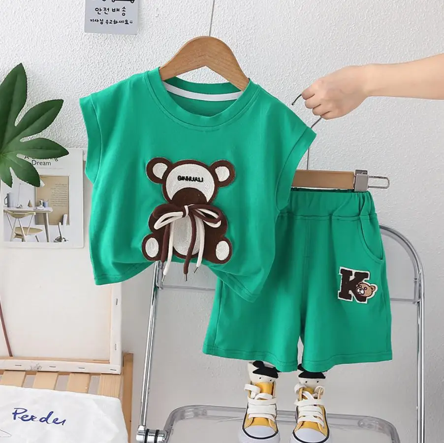 

Boys Summer Sleeveless Sets 2024 New Children Cartoon Bear Vest Tops and Shorts Todder Clothes Outfits Kids Bebes Tracksuits
