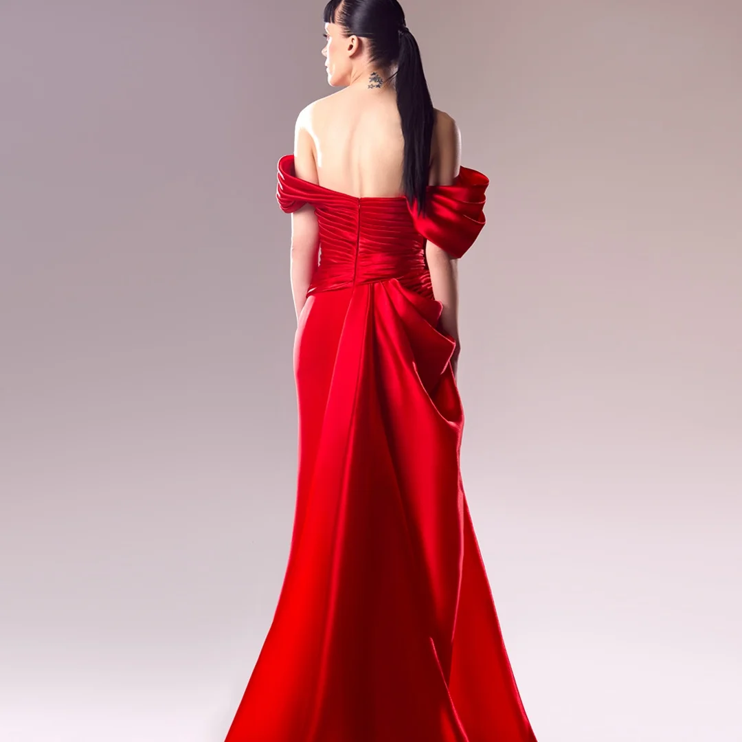 تخصيص الحديثة جيرسي مستقيم قبالة الكتف فساتين السهرة نصف الأكمام زيبر الظهر الأحمر فساتين المناسبات الخاصة #3