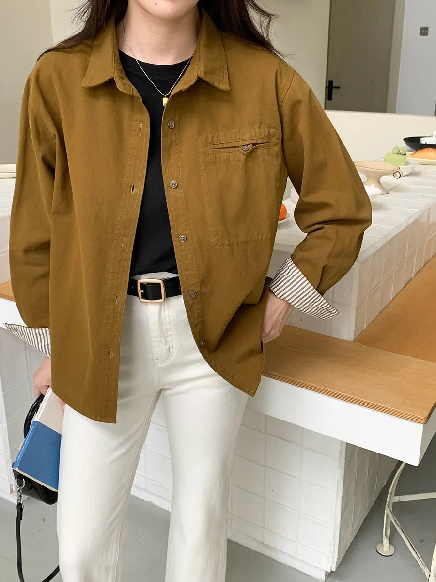 

Женская осенняя повседневная простая полосатая лоскутная рубашка с длинным рукавом, удобный модный топ для женщин