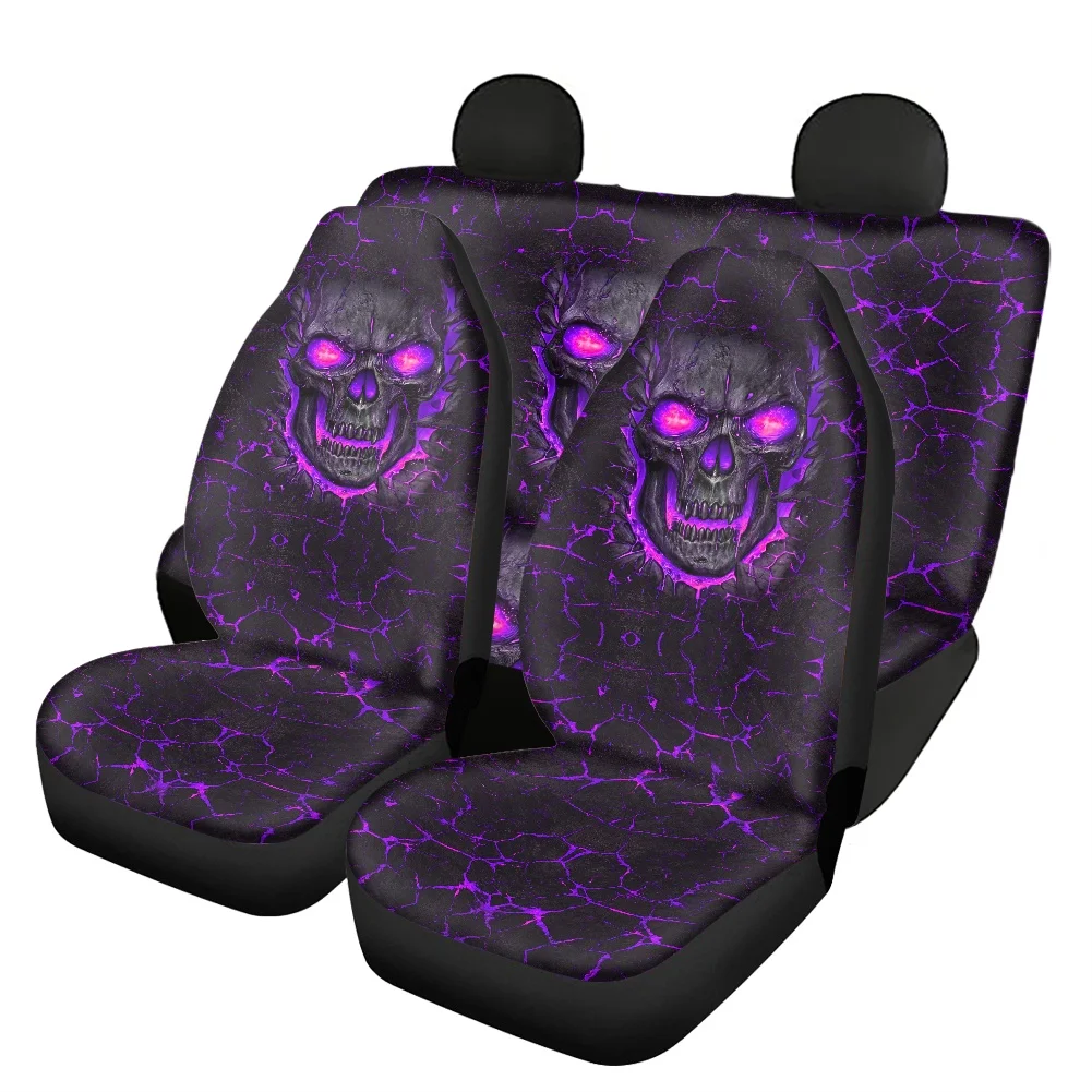 

Car Accessories Women Car Front and Back Seat Cover Purple Skull Print 3D Lava Auto Seat Cover Universal Set for Van SUV Trucks