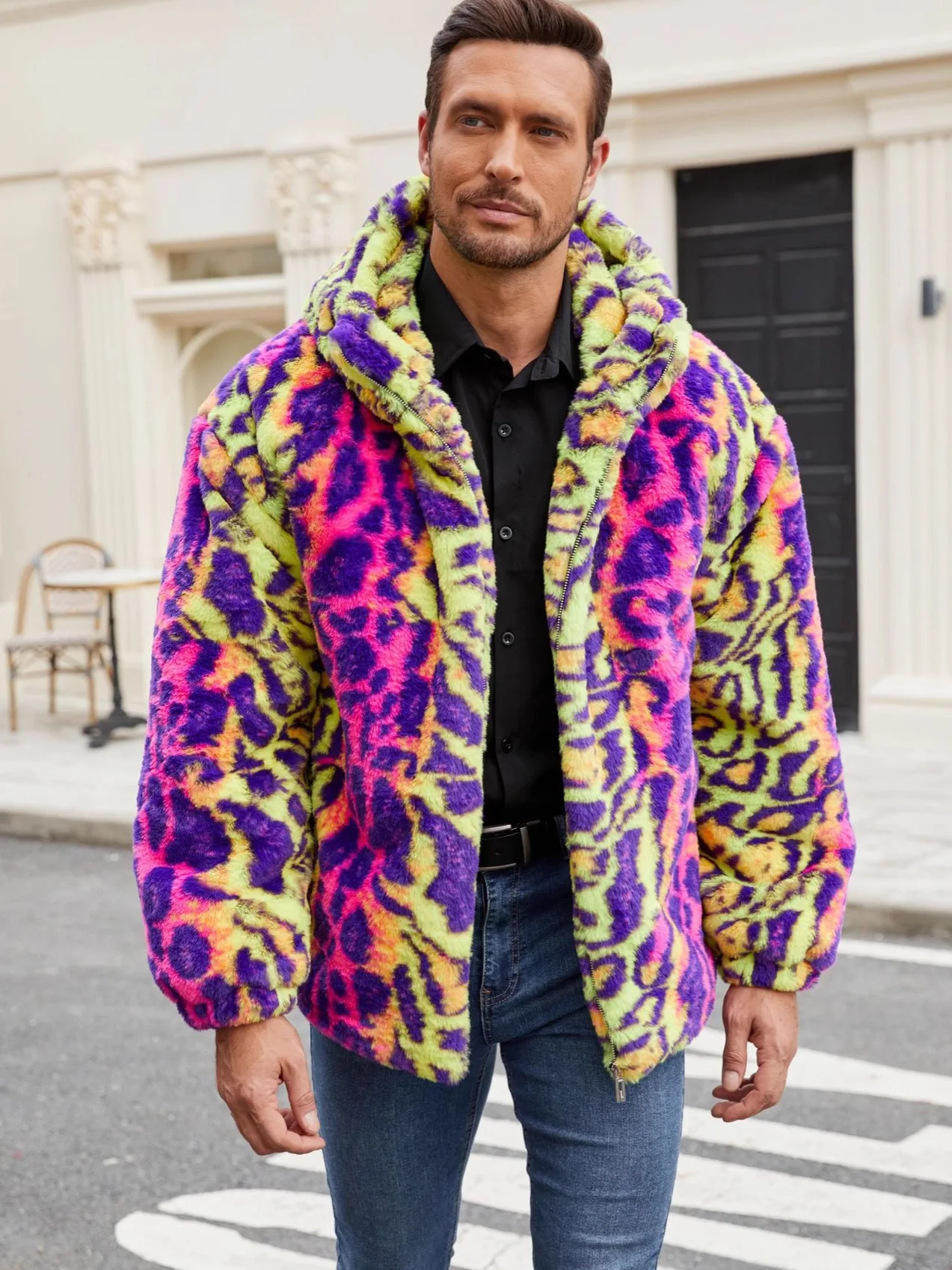

New men's faux fur color leopard print jacket, plush contrasting color warm and thick leopard print jacket