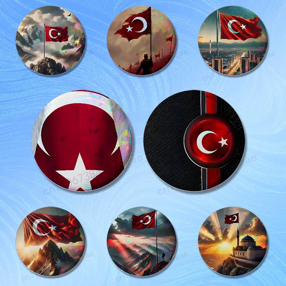 

Art Turkish Flag Badges 25 32 44 58 75 mm Round Fashion Jewelry Clothes Bag Hat Accessories Badge Lover Gifts