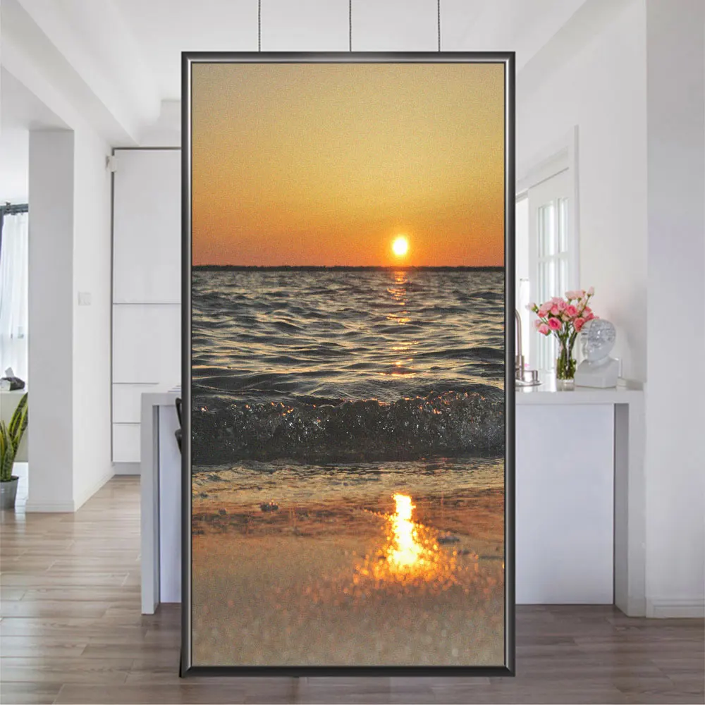 

Privacy Window Frosted Film Sunset Sea View Pattern Sliding Door Decorative Film Sun Blocking Non-Glue Static Cling Glass Film