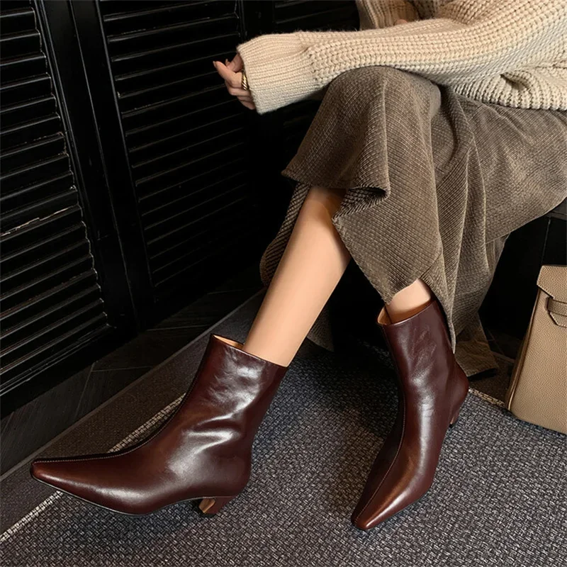 Genuine Leather Square Toe Boots Mid Calf Botas Chunky Heels Burgundy Sewing Black Design Fashion Zapatos Mujer Modern Shoes New