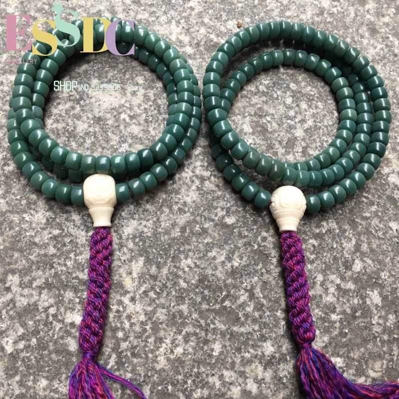 108 Green Bodhi Root Bracelets Dark  Barrel Beads With Ivory Fruit Three-way Tassel 8*10mm