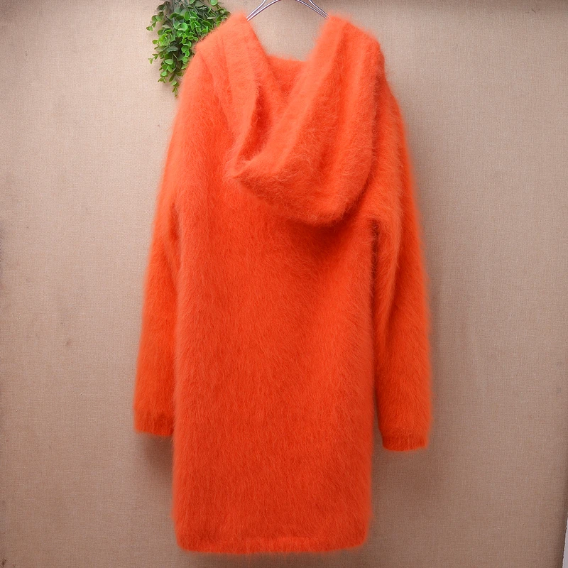 

Ladies Women Fall Winter Clothing Fashion Orange Hairy Mink Cashmere Knitted Hooded Long Sleeves Long Sweater Caridgans Jacket