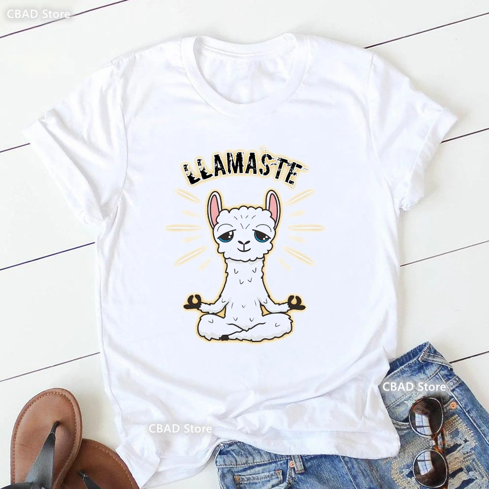 Llama Yoga Pose With Llamaste Print T Shirt Women Funny Meditation Tshirt Femme Third Eye And Flowers T-Shirt Female Streetwear