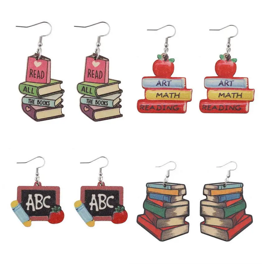 Library Colours Wooden Maix Apple Reading Stack of Books Earrings 2023 Back to School Teacher Earrings Book Jewellery Wholesale