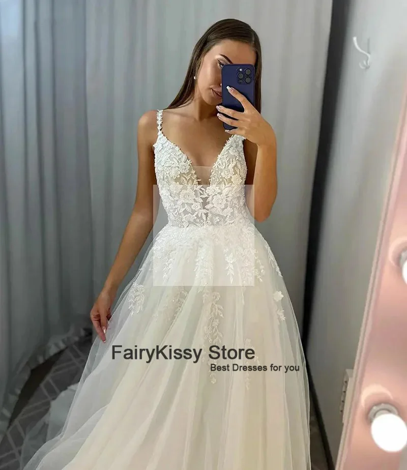 Fairykissy Kanten Strapless Trouwjurken Met Afneembare Mouw Puff Tule Bruid Jurk Elegante Elegante Bruidsjurken 2024