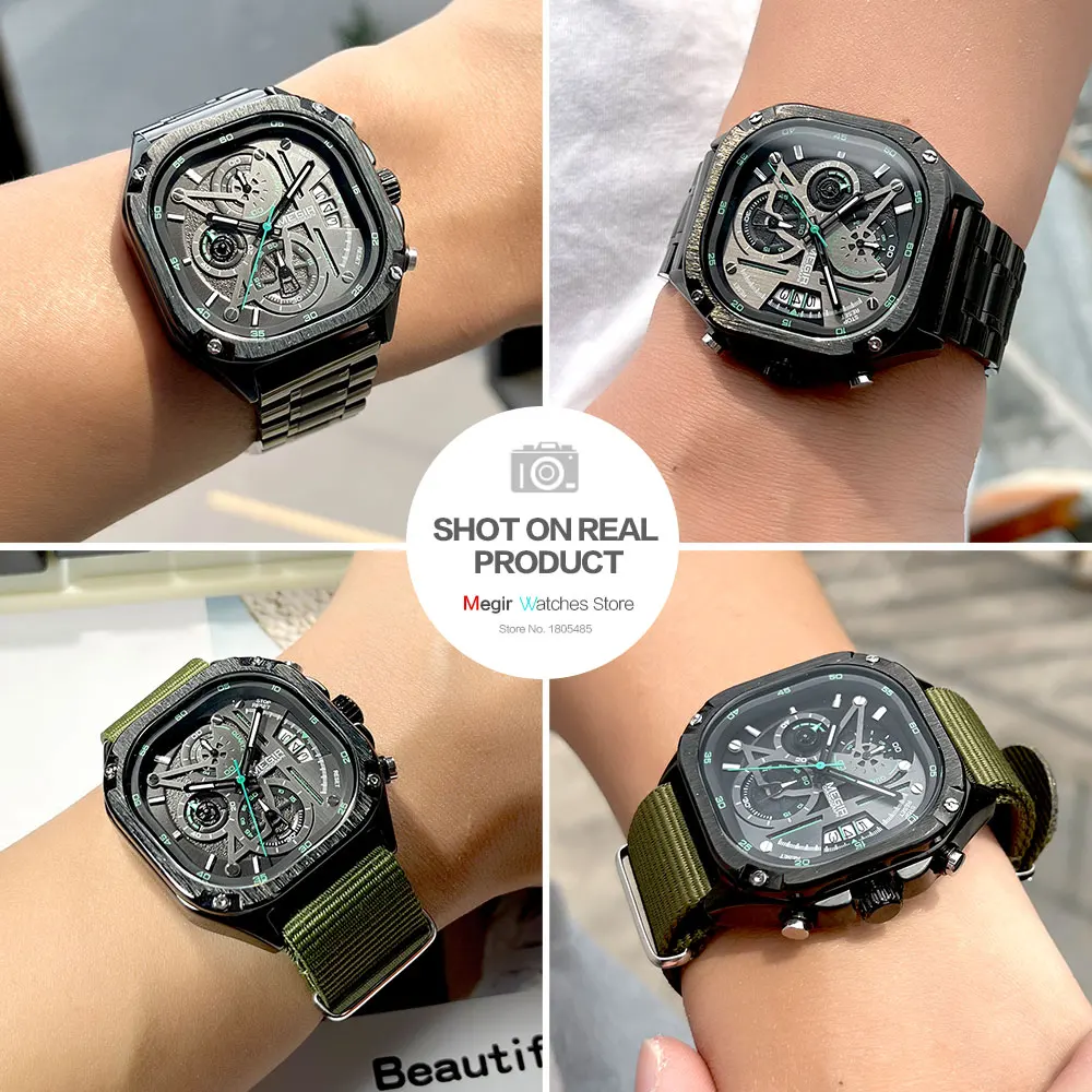 Fashion Megir Black Quartz Watch Men Waterproof Square Dial With Chronograph Full Stainless Steel Strap Luminous Hands Auto Date