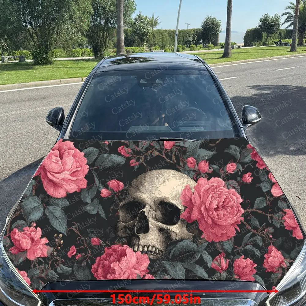 Car Decal Skull & Pink Rose Element Combination Under Gothic Culture Car Hood Sticker, Waterproof Self - Adhesive PVC Graphics D
