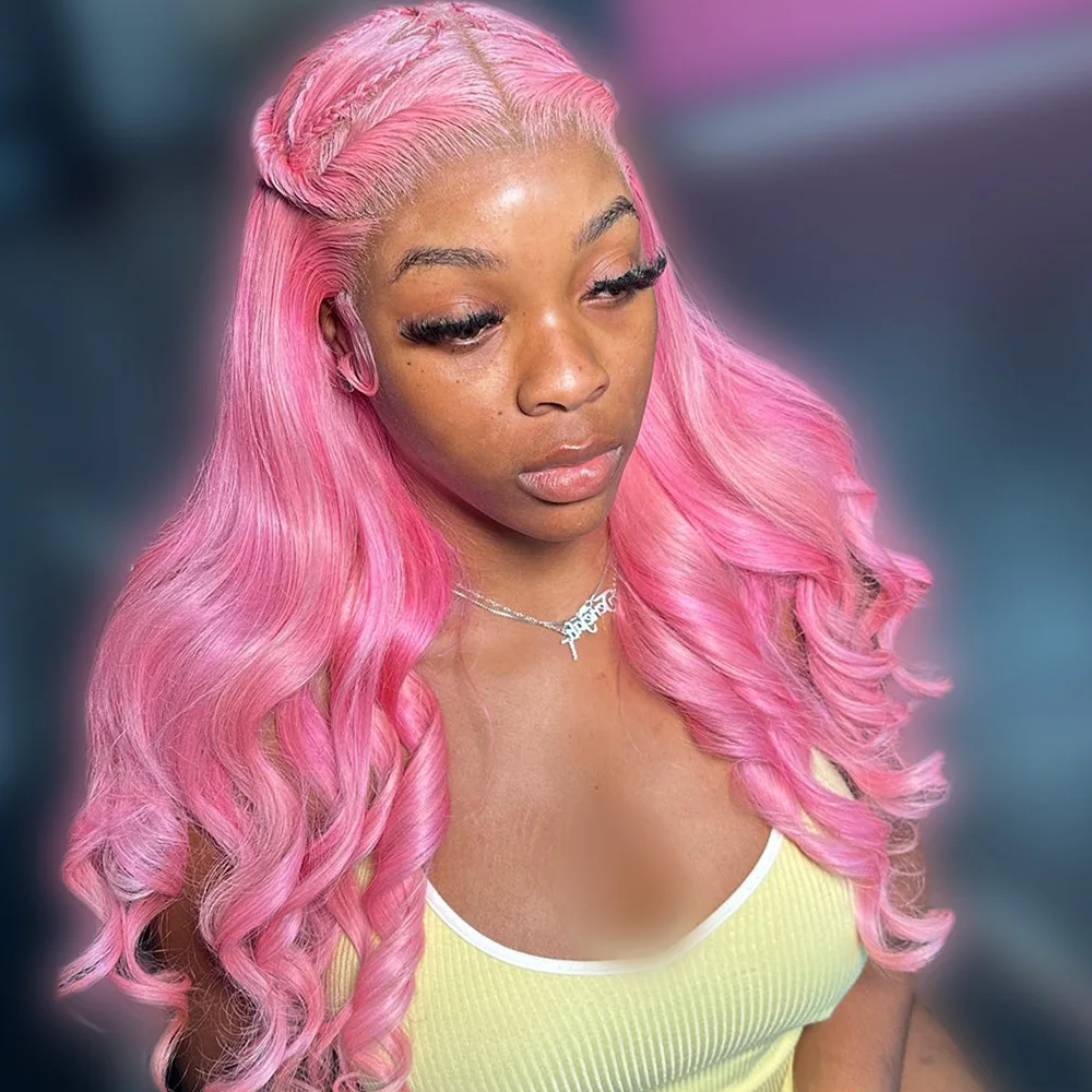 

Rose Pink Body Wave Human Hair Wigs 250% Density 13x4 Transparent Lace Front Wig Pre-Plucking Raw 36 38 Inch Lace Frontal Wigs