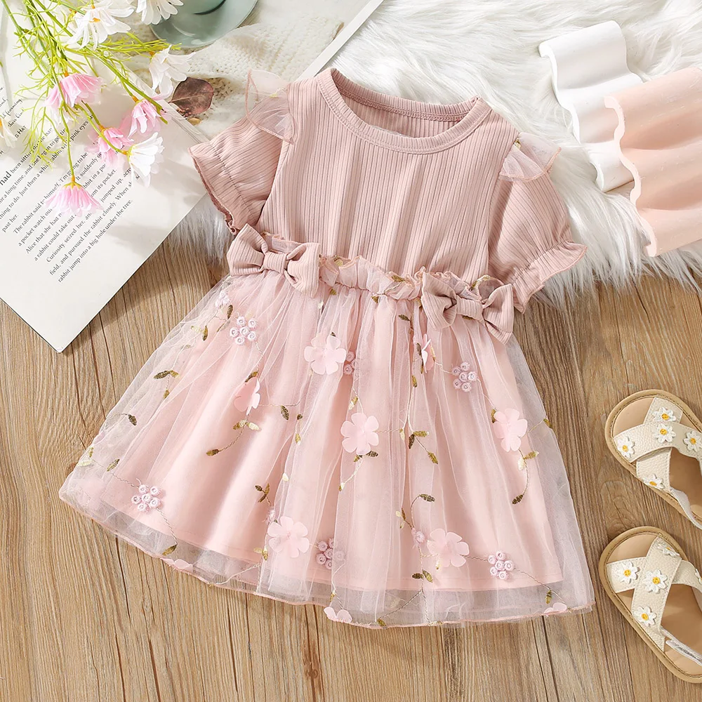Girls Dresses Summer Mesh Bow Flower Pattern Round Neck Baby Girl Dress Solid Color Cute Casual Baby Clothing