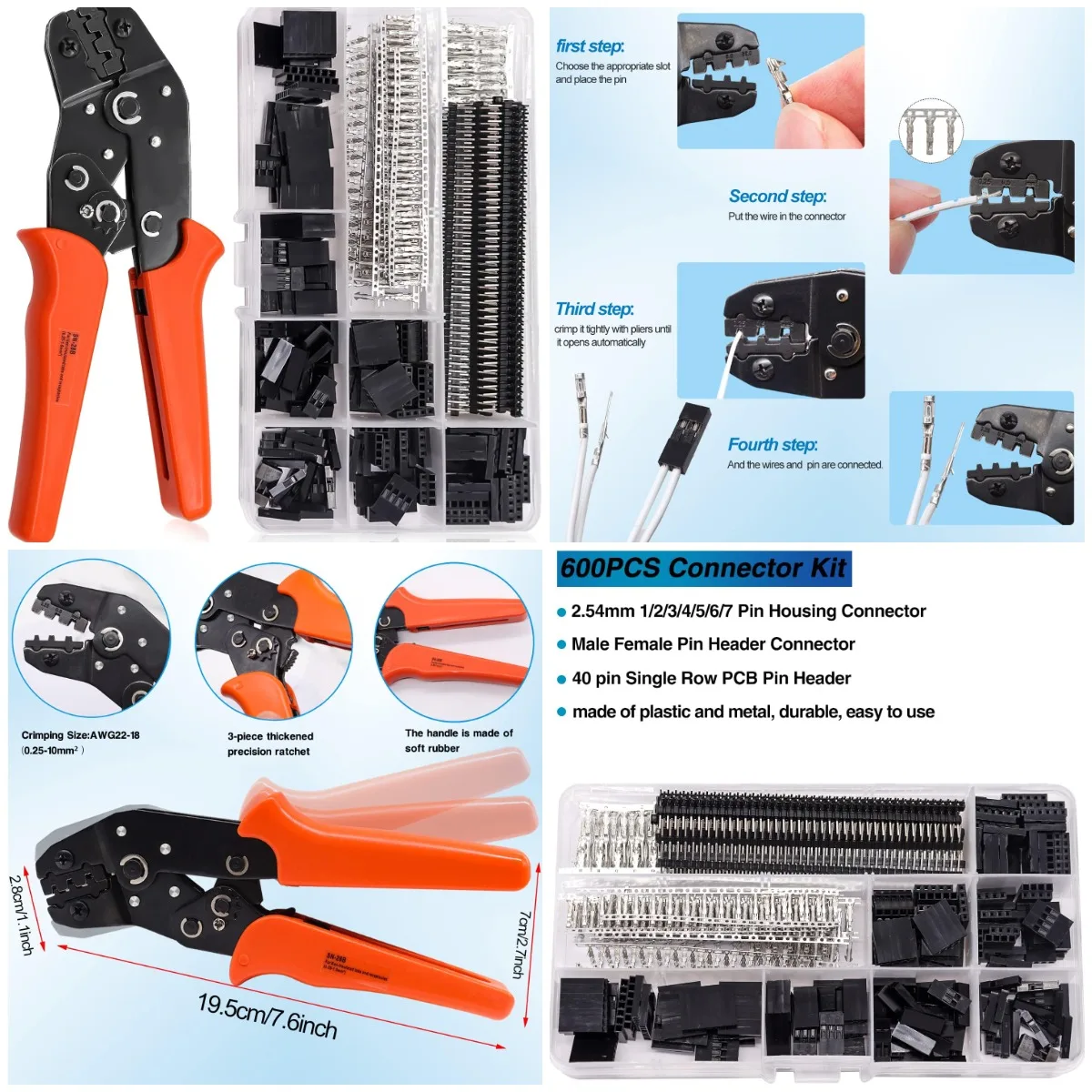 

Набор инструментов для обжима Dupont с 600 шт. разъемом 2,54 мм, клещи для обжима с храповым механизмом, штыревым разъемом «папа-мама», AWG28-18