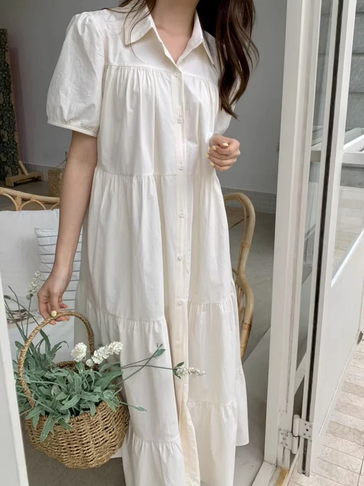 Vestido longo f de verão 2024, foado, com mangas bufantes, design com fendas, e, com botão único, saia em cam...