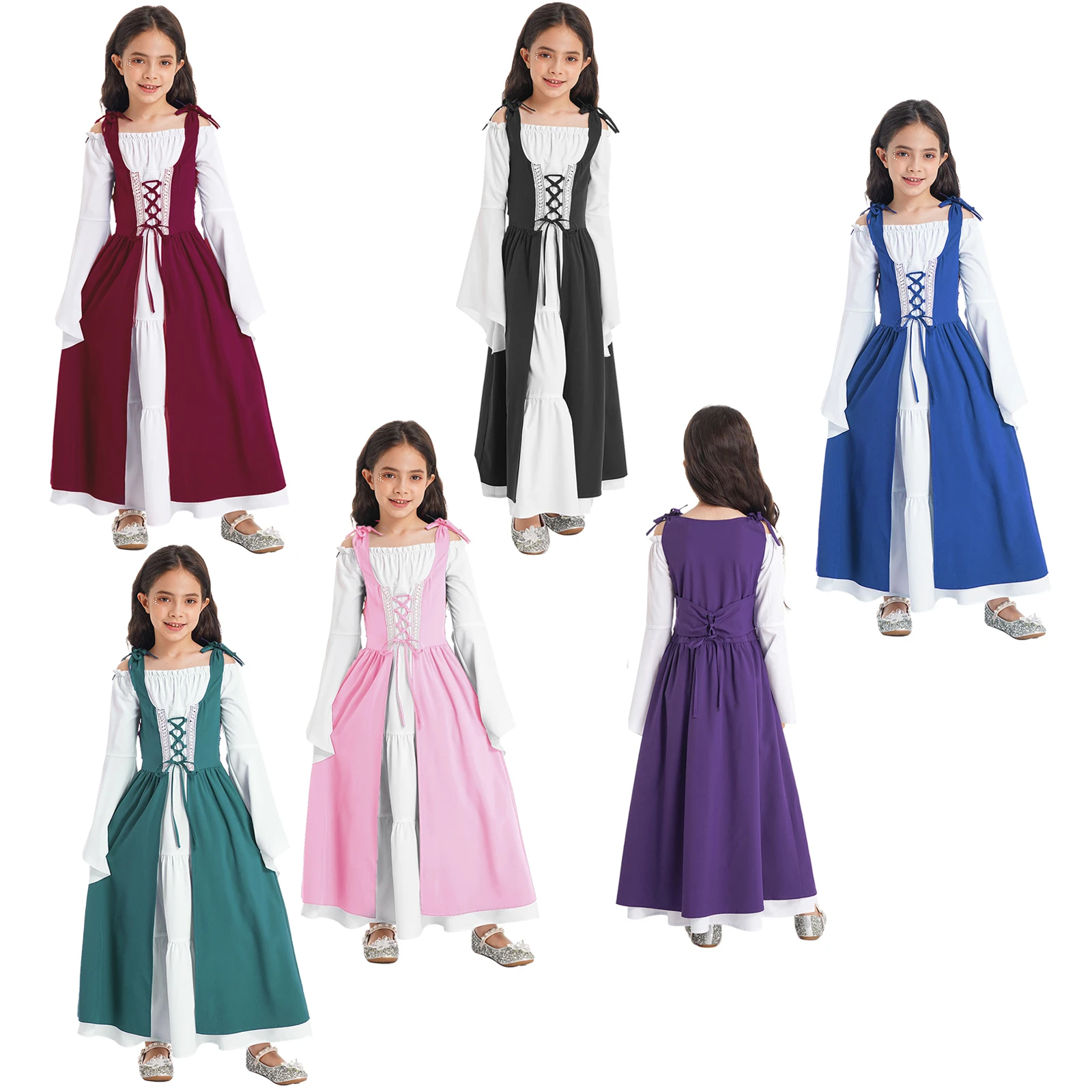 Kinder Meisjes Renaissance Middeleeuwse Prinses Kostuum Off Shoulder Veters Irish Over Jurk Halloween Carnaval Party Renfaire Outfit