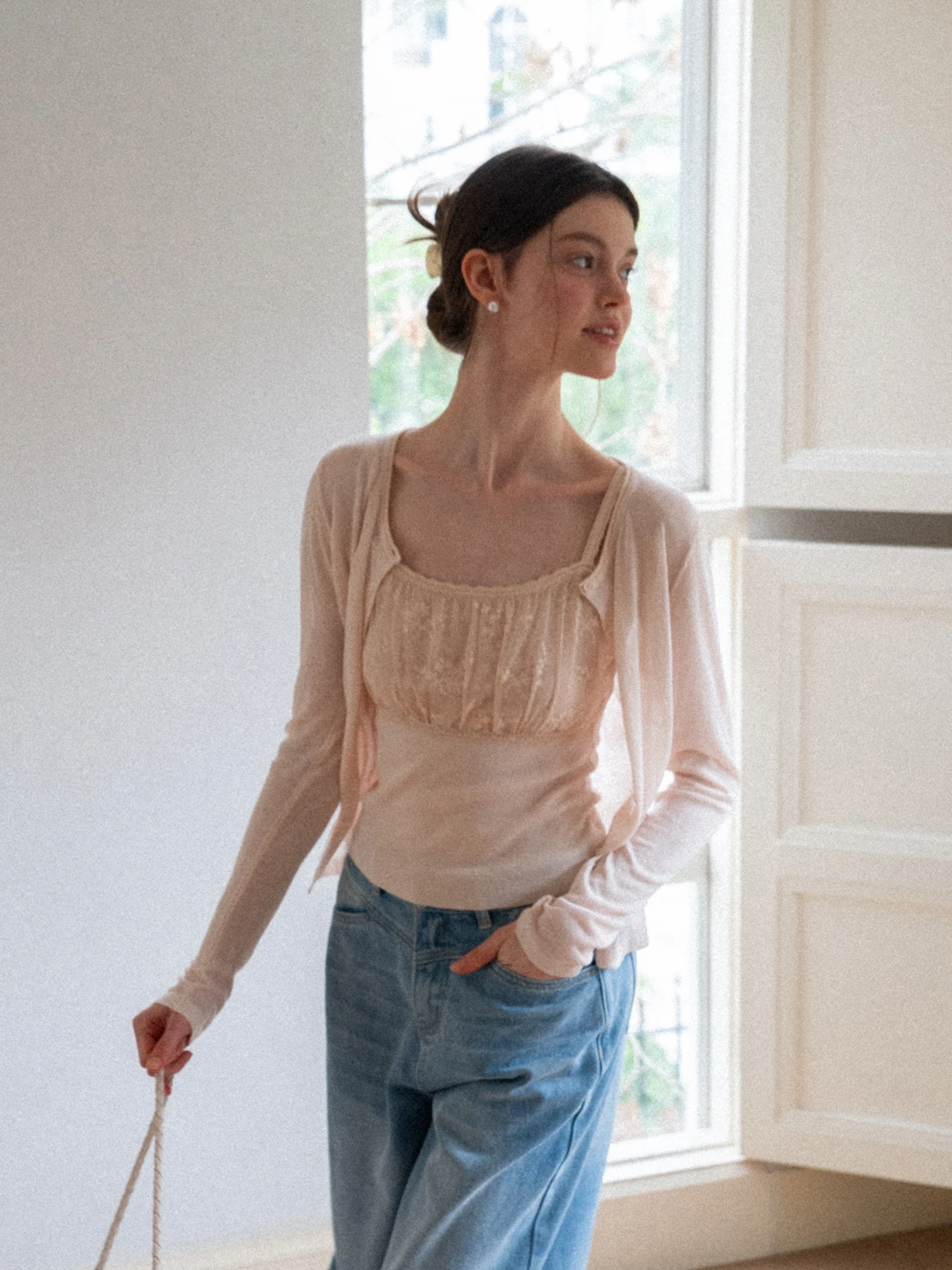 EGGKA Thin Long Sleeve Knitted Lace Trim Cardigan Cover up Two Piece Set Women's Autumn Outerwear Soft Polyester Blend Casual