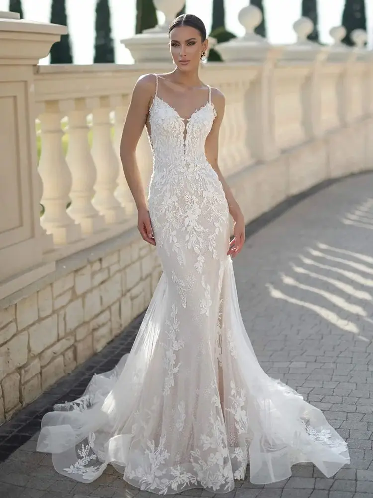 Spitze Meerjungfrau Brautkleider Open Back Maßgeschneiderte Sexy V-ausschnitt Ärmellose Applique Glitter Tüll Brautkleid Vestido Noiva
