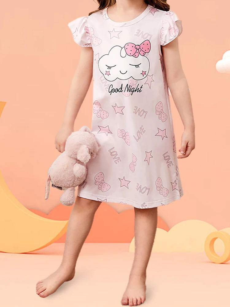 Summer Princess Dress Baby Girl Cartoon Unicorn Printing Short Sleeve Pajama Dress Kids Cute Sleepwear Comfortable Home Clothing