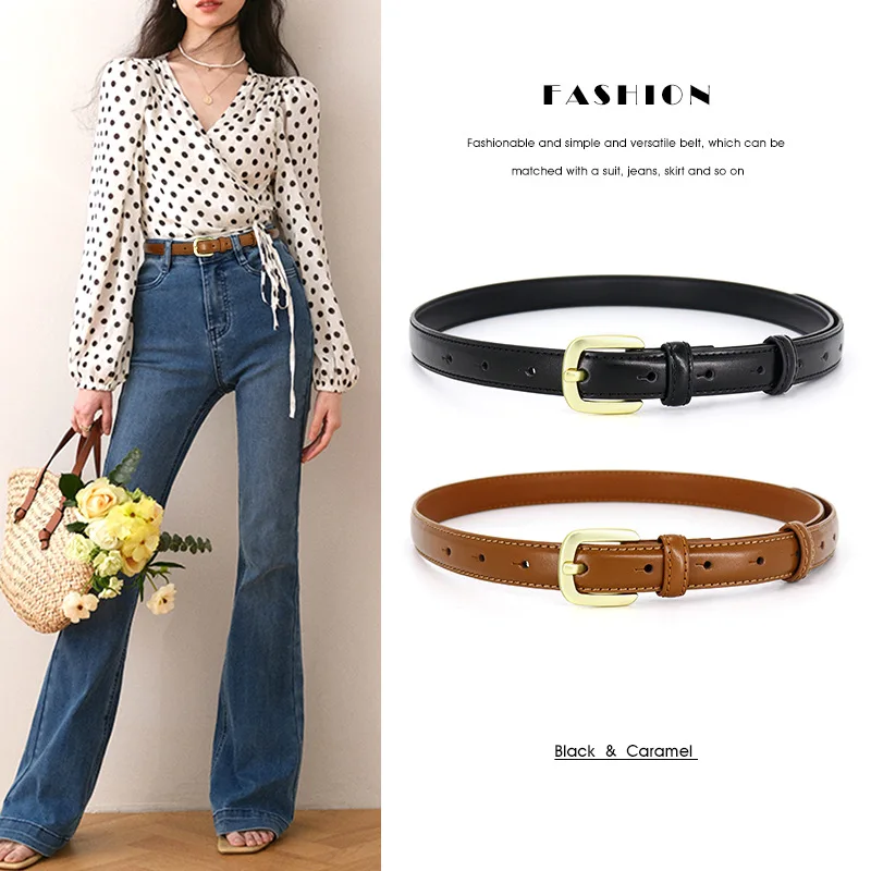 

Women's Thin Belts Fashion Genuine Leather Waistband Jeans Belt Alloy Pin Buckle Ladies Strap Trendy Accessories 2024 New