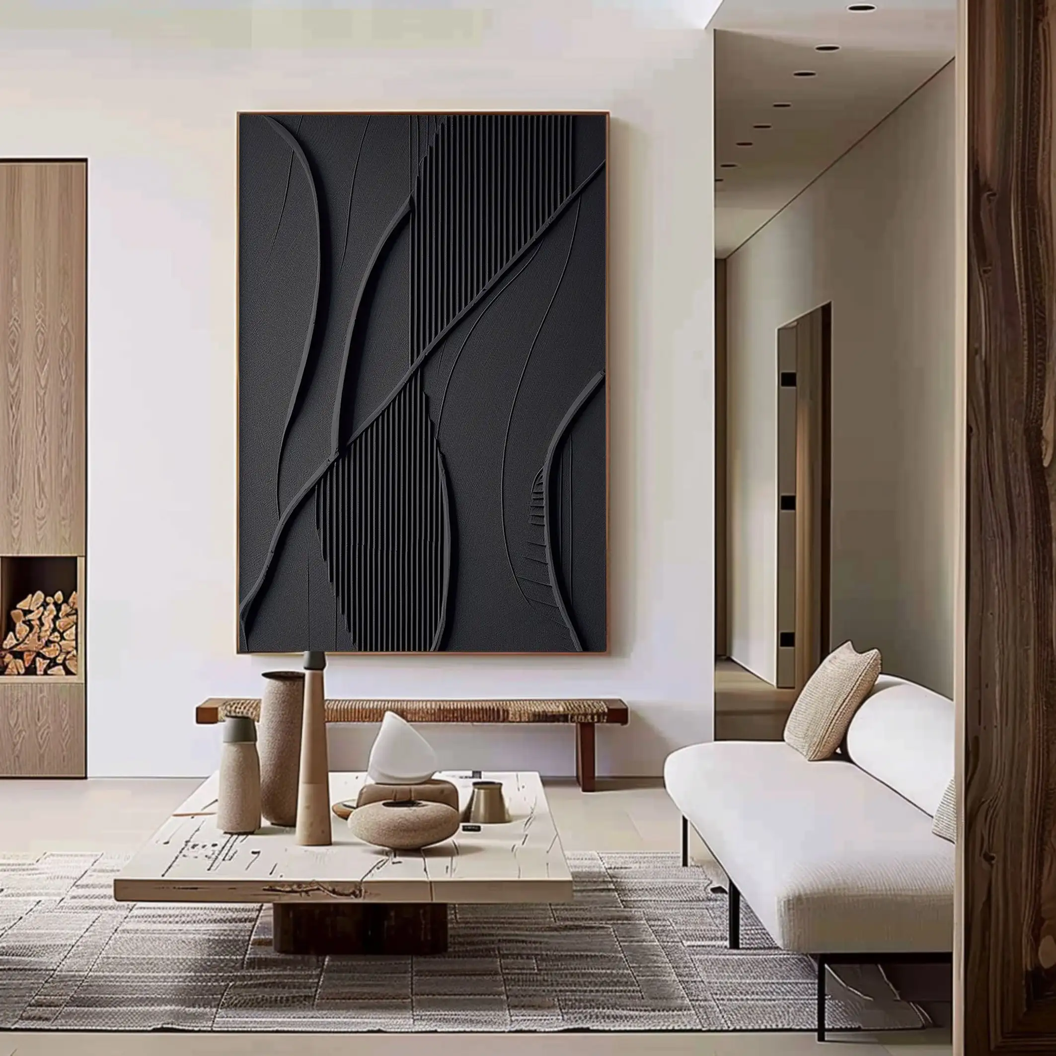 لوحة فنية جدارية بسيطة سوداء كبيرة ، نسيج ثلاثي الأبعاد ، مجردة بسيطة حديثة ، ديكور غرفة المعيشة