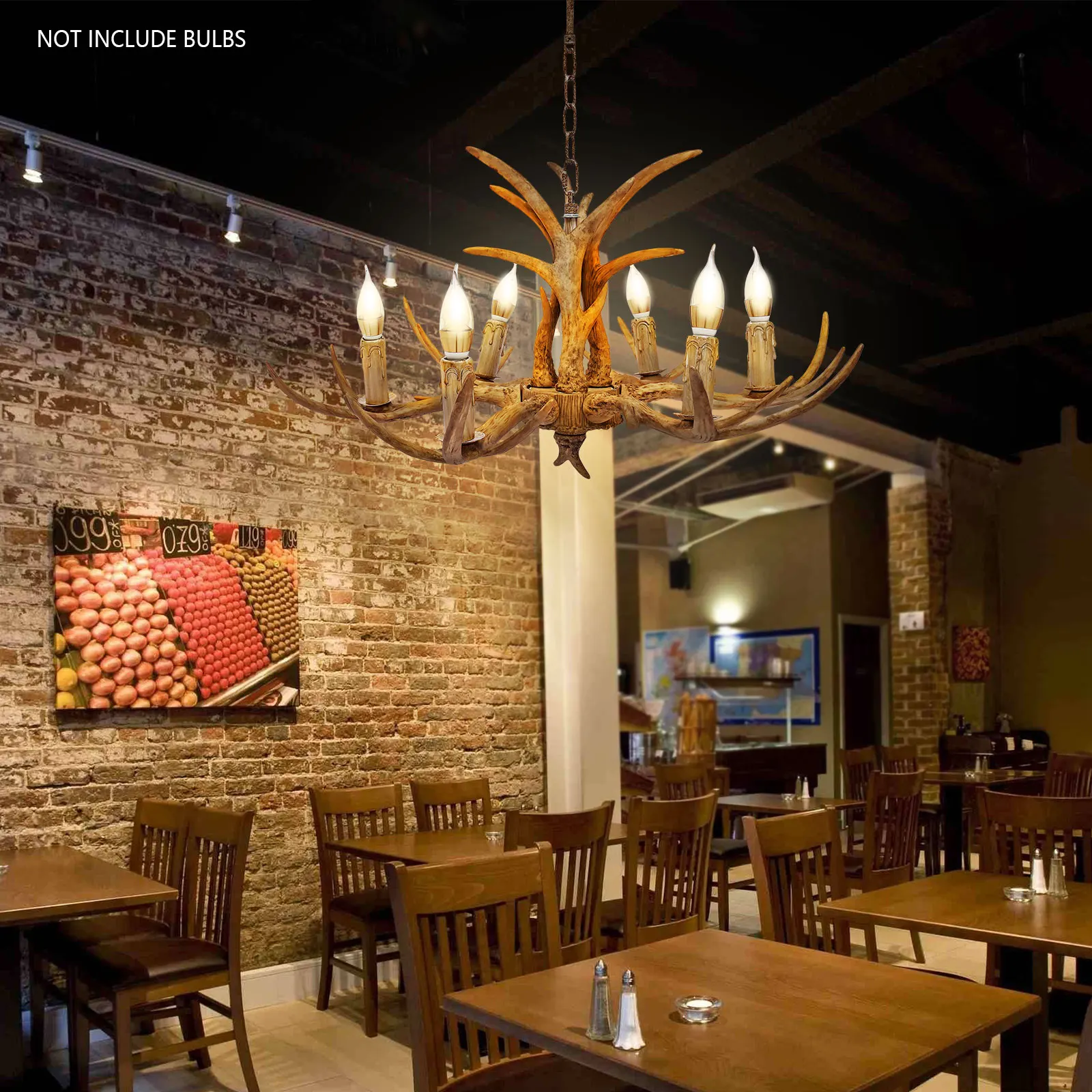 Retro Antler Chandelier Light Deer Horn Restaurant Dining Pendant Lamp Brown Bulbs Not Include