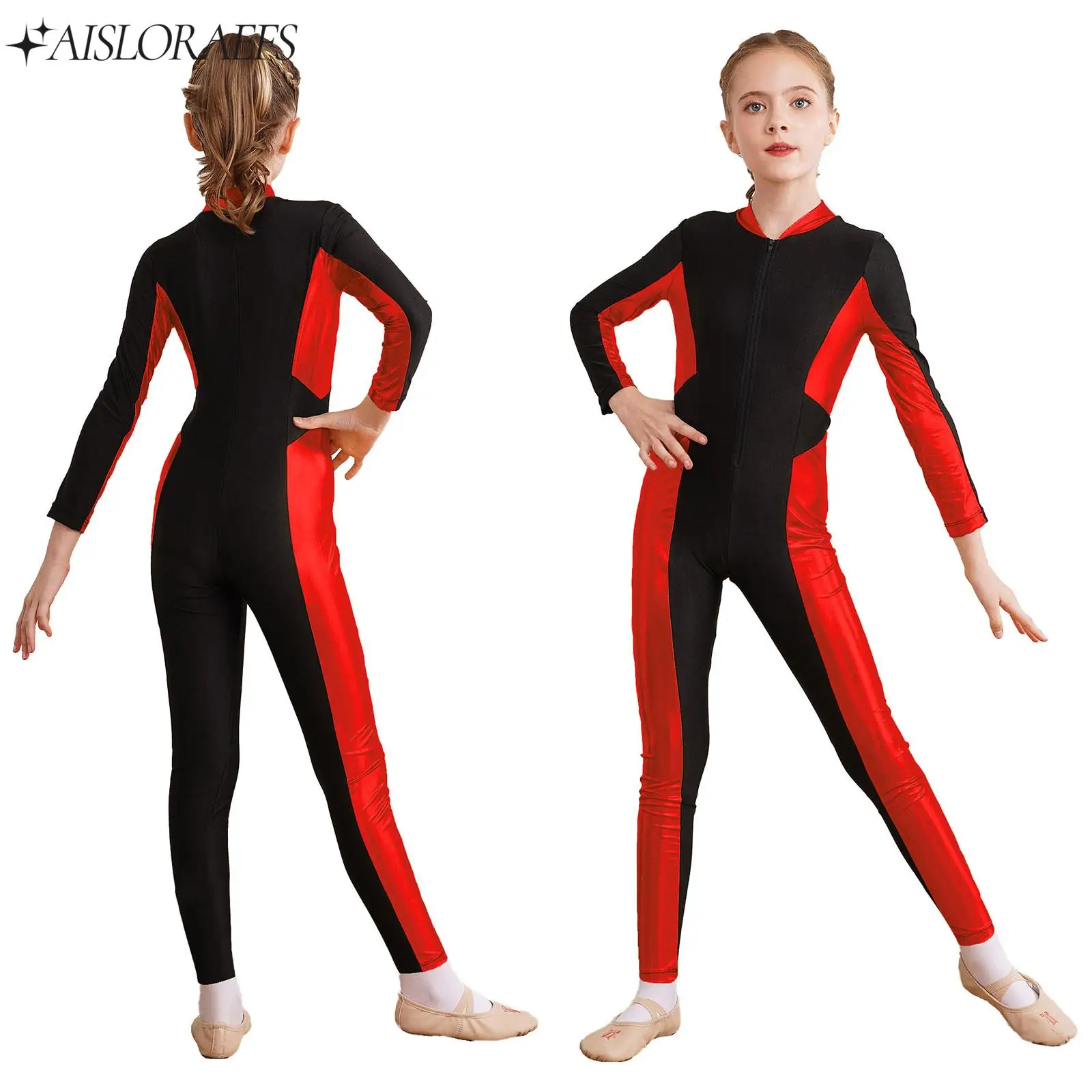 

Kids Girls Acrobatics Gymnastics Jumpsuit Metallic Color Block Jumpsuit Zipper Long Sleeve Unitard for Ballet Figure Skating