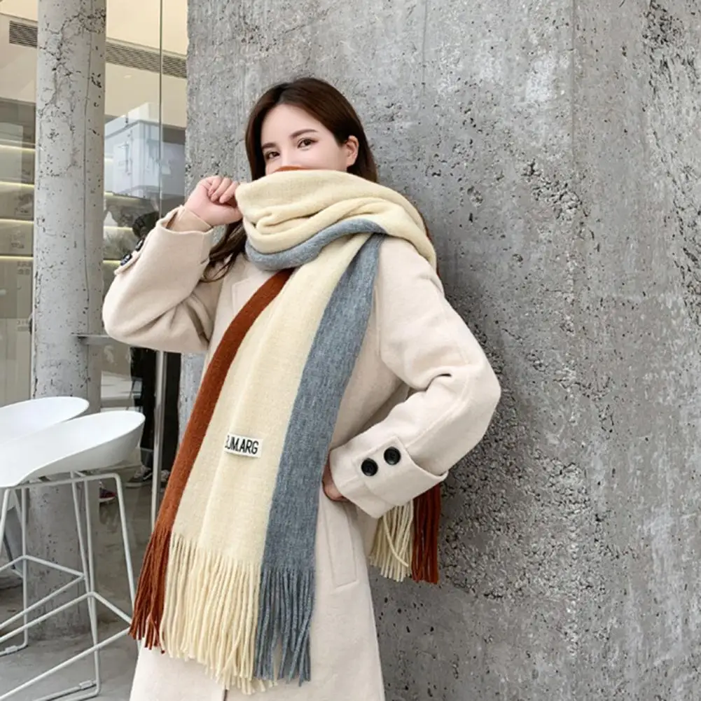 Winter Women Scarf Thick Warm Long And Width Color Matching Patchwork Windproof Tassel Decor Anti-shrink Heat  Neck Wrap