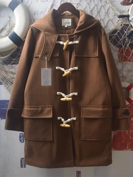 معطف مبطن متوسط الطول على الطراز الياباني Preppy معطف سميك بقلنسوة وزر على شكل قرن معطف نسائي بأكمام طويلة بلون سادة سترات صوفية غير رسمية #2