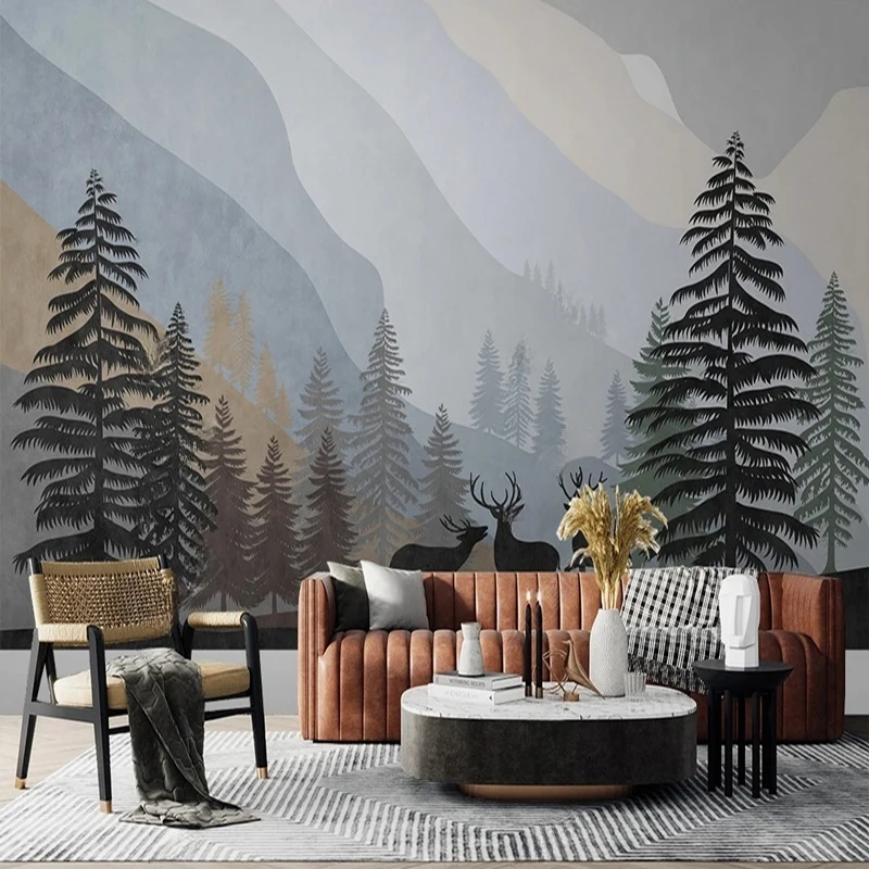 

Nordic Wallpaper Custom Photo Mural Forest Elk Mountain Landscape Wall Decor Painting TV Sofa Background Wall Mural Papier Peint