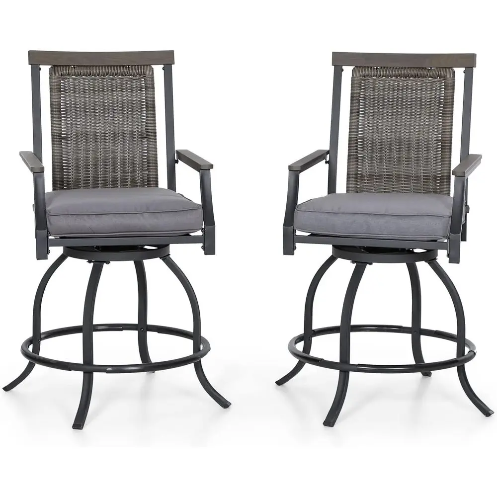 

Набор из двух вращающихся барных стульев для улицы, 24 высоких стула для патио со спинками из ротанга и деревянными подлокотниками для сада, террасы