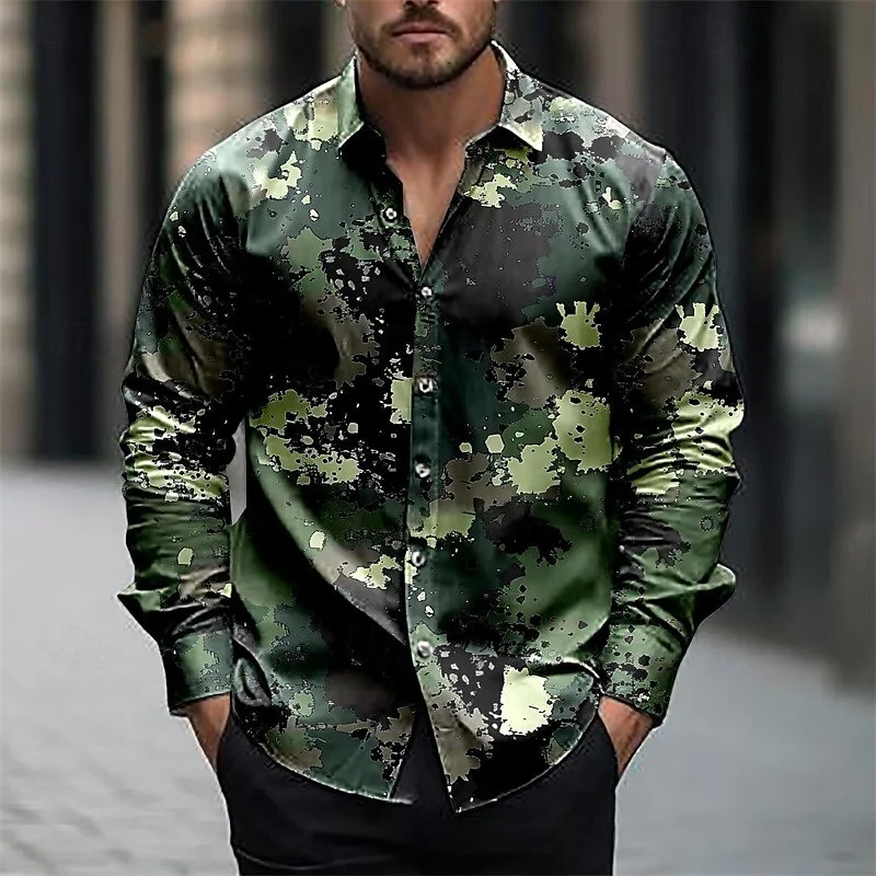 2025 Men\'s Shirt Summer Shirt Casual Shirt Army Green Long Sleeve Camouflage Lapel Button Clothing Polyester Fashion Casual 6XL