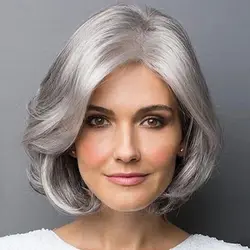 Peluca de cabello humano 100% para mujer, pelo corto liso, color gris y plateado, novedad