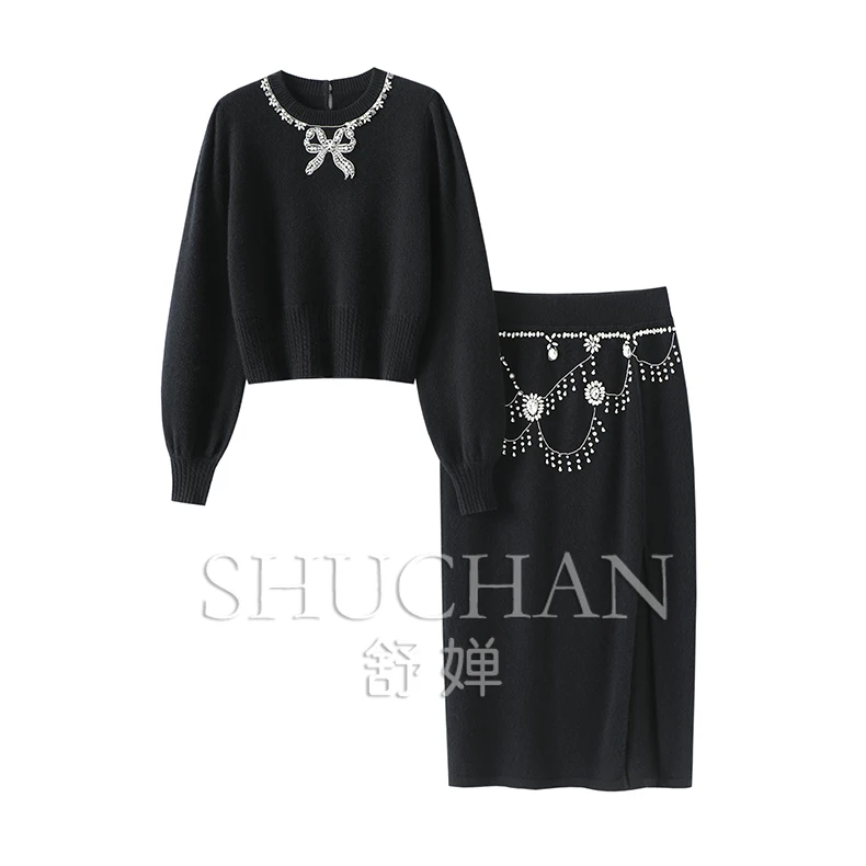 

Bow 100% Pure Cashmere Sweater Women Split Skirt Set 2 Piece Sets Womens Outfits Knit Womens Two Peice Sets