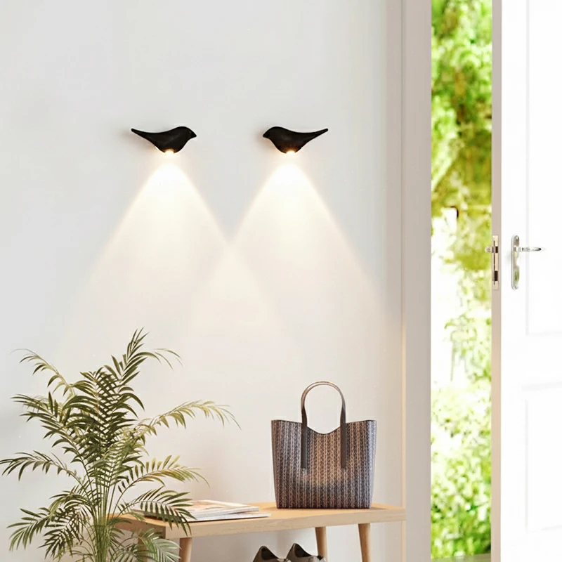 Modern home decoration black and white bird-shaped wall lamp small night light with human body sensor and magnetic base
