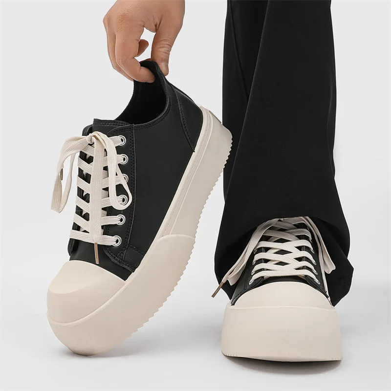 Men's Black White Derby Shoes Chunky Platform Sole Big Round Toe Breathable Leather Casual Lace-Up Sneakers Comfortable 2026 New