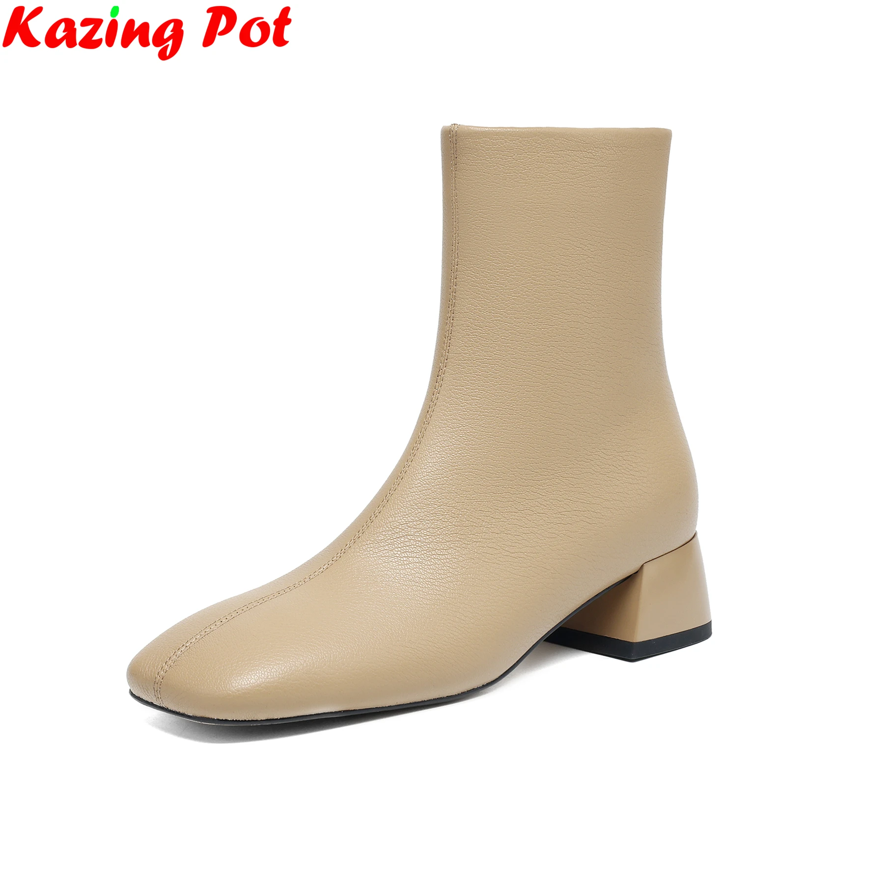 Plus Size 31-48 Cow Skin Square Toe Med Heels Modern Boots Warm Winter Shoes Dating Fashion Comfort Concise Brand Ankle Boots
