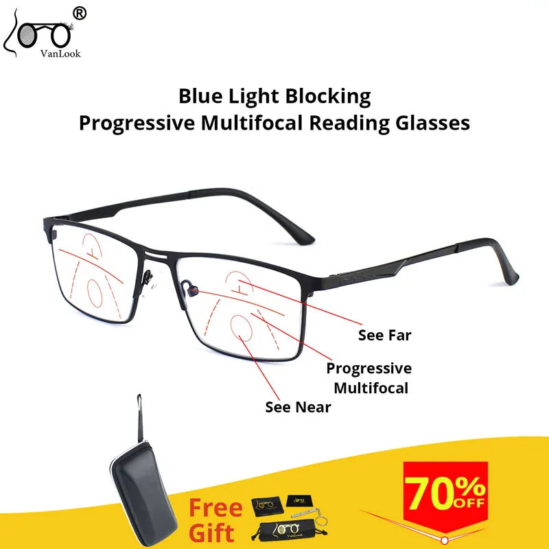 Men Progressive Reading Glasses Multifocal Women's Blue Light Blocking Computer Glasses Sport Square Frame Eyewear AntI UV1234