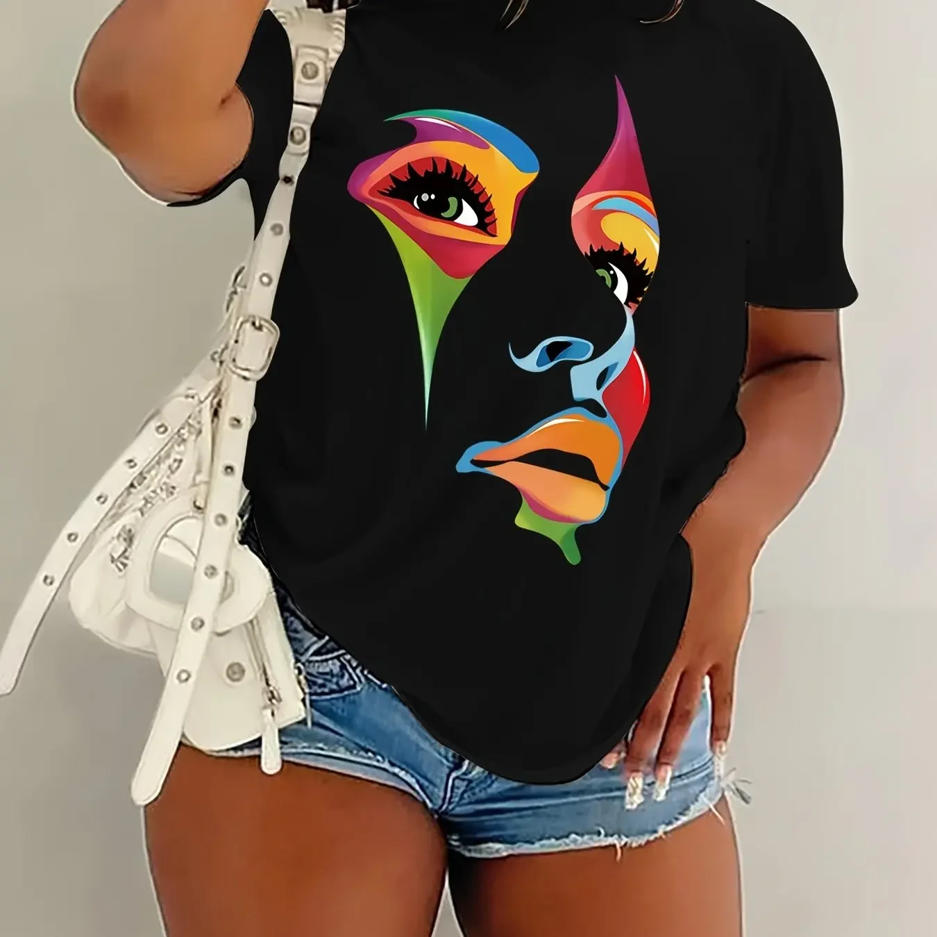 Camiseta con estampado gráfico colorido, Top informal de manga corta con hombros caídos para primavera y verano, ropa para mujer