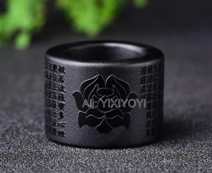 Wonderful 35mm Outside Natural Black Obsidian Carved Lucky Lotus Buddhism Heart Sutra Large Thumb Ring Fine Man\'s Rings Jewelry
