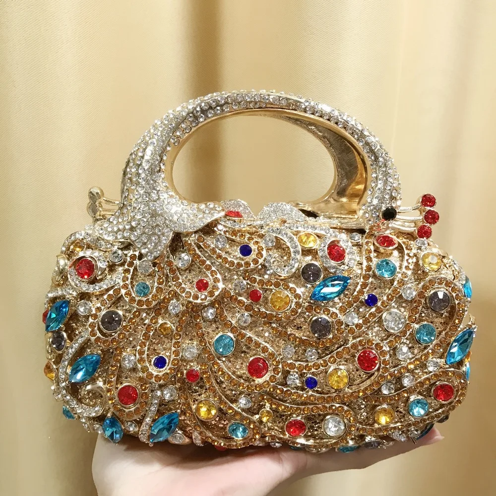 Luxury Gold Peacock Minaudiere Diamond & Multi-Color Crystal Evening Handbag for Wedding Dinner Designer Women's Clutch Bag