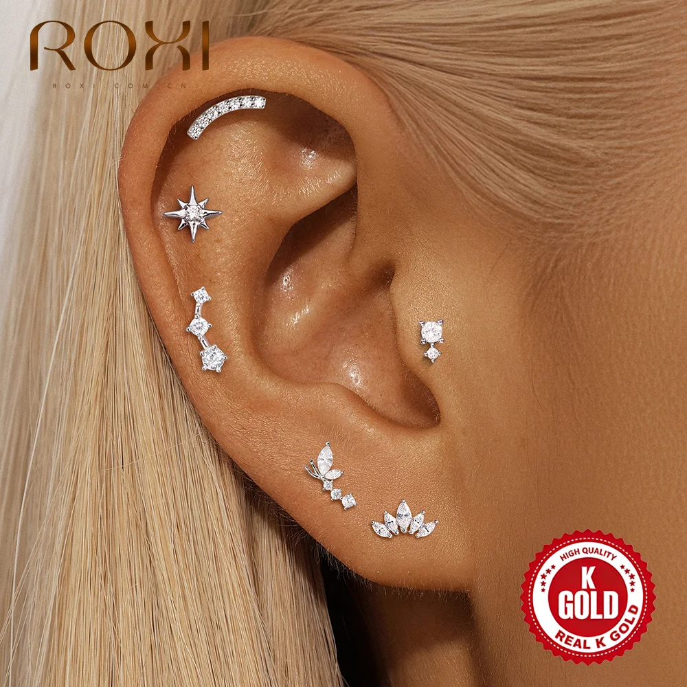 ROXI 14K Solid Gold Geometric Zirconia Butterfly/Star Piercing Earrings For Women Minimalist Chain Tassel Party Daily Wear Gifts