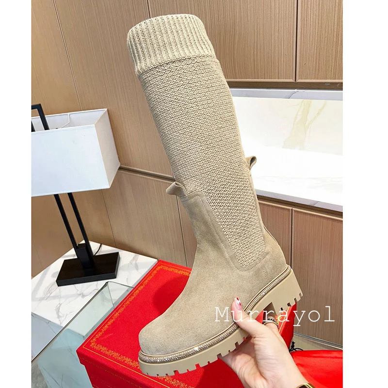 Knee High Boots Autumn Winter Suede Flat Thick Sole Sock Boots Women Round Toe String Bead Knitted Elasticity Long Booties view 4