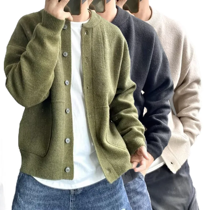 

European Size Mens Solid Color Knitted Cardigan Coat Autumn Winter Long Sleeved O-neck Warm Sweater Casual Loose Knitwear Jacket