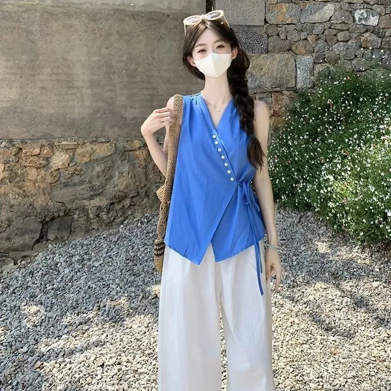 Women's Summer Sleeveless Wrap V Neck Tie Waist Blouse Asymmetrical Hem Casual Top