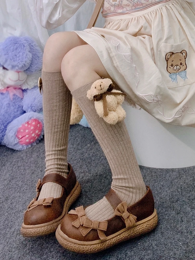 

Осенне-зимние японские носки в стиле Лолиты для девочек, милые оригинальные женские гольфы с объемным бантом и медведем в вертикальную полоску и гольфы