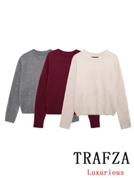 TRAFZA Vintage Casual Chic Women Sweater Solid O-Neck Long Sleeve Knitted Loose Sweater New Fashion 2024 Autumn Winter Sweater